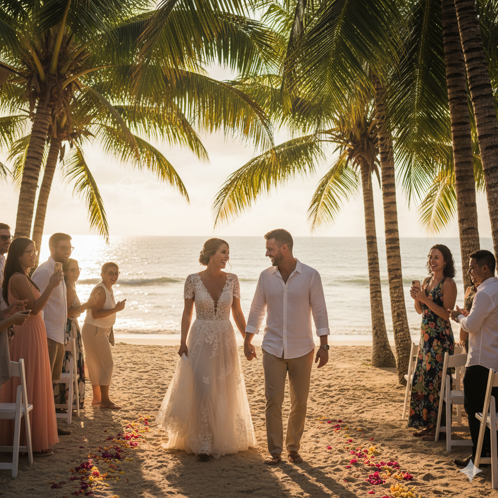 Novios se besan en un atardecer en la playa de Santa Teresa